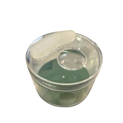Clear plastic stash jar with white curved lid for glass hand pipe and vaporizers