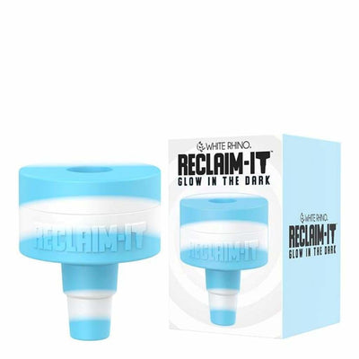 Blue and white ’White Rhino Reclaim-it’ silicone reclaimer glowing in the dark