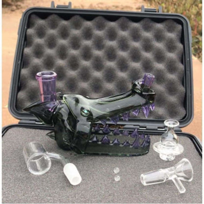 Wolf head water pipe with opal eyes and purple accents in a Pelican case
