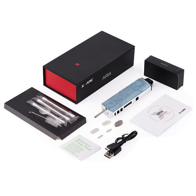 Xvape Aria Premium Dry Herb & Concentrate Vaporizer with accessories and packaging