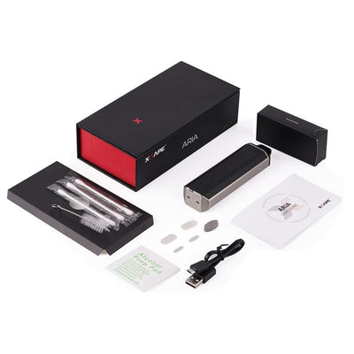 Xvape Aria dry herb & concentrate vaporizer kit with battery, tools, box, and USB cable