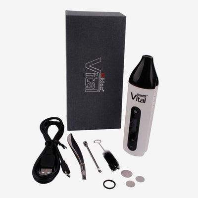 Xvape Vital dry herb vaporizer with black and white design, ceramic chamber
