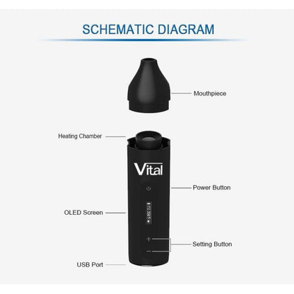 Xvape Vital dry herb vaporizer with black cylindrical body, OLED screen, ceramic chamber