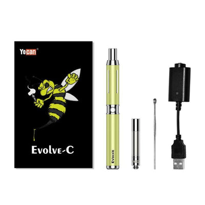 Yocan Evolve c Vape Pen Starter Kit With Cartoon Bee Logo And Accessories Displayed