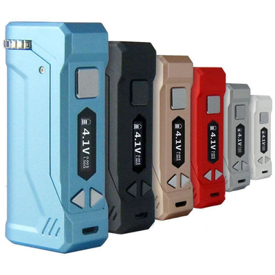 Yocan Uni Pro: row of colorful universal portable mods with OLED screens displayed
