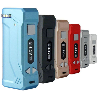 Yocan Uni Pro: row of colorful universal portable mods with OLED screens displayed
