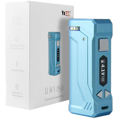 Light blue Yocan Uni Pro universal portable mod with OLED screen and angular design